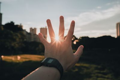 Hand of person against sunset sky