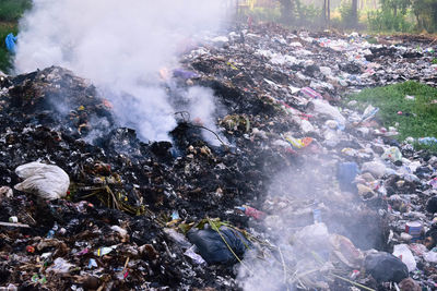 Close-up of garbage burning in forest
