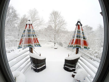 Panoramic view of snow covered trees against sky