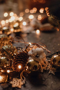 Merry christmas cottage core, vintage preparations - ornaments, glasses, christmas tree lights