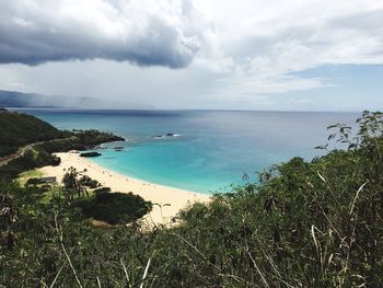 Scenic view of sea against cloudy sky