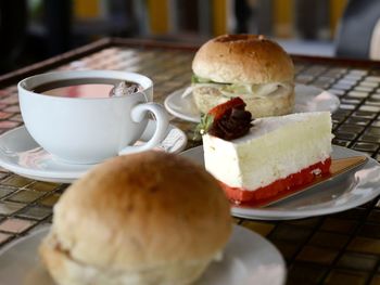 Close-up of cake served on table