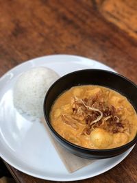 High angle view of soup in bowl on table