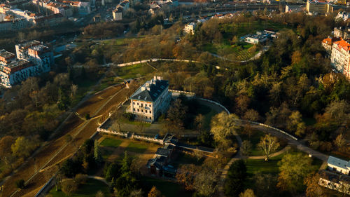 High angle view of townscape and trees in city