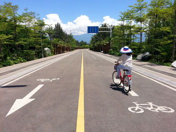 Rear view of man riding bicycle on road