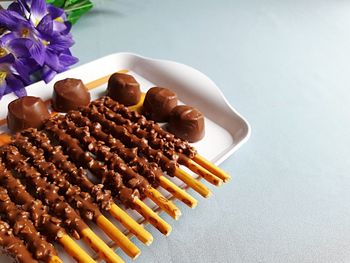 Close-up of cake served on table