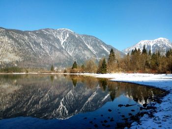 Scenic view of lake and snowcapped mountains against blue sky