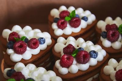 Raw vegan french honey tart with fresh berries close up. sugar free handmade dessert.