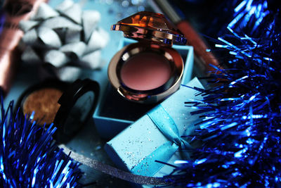 High angle view of illuminated christmas tree on table