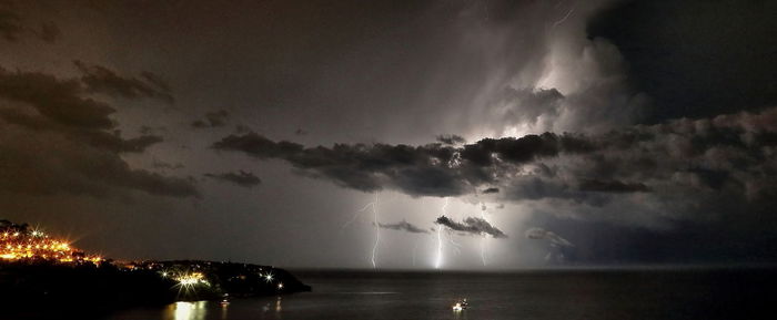 Panoramic shot lightning over sea at night