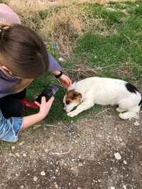 High angle view of girl with dog