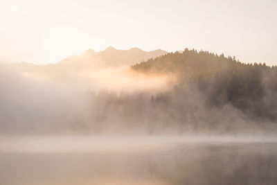 Scenic view of lake and mountains against sky