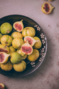 High angle view of fruits in bowl on table