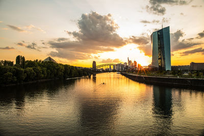 Scenic view of river by buildings against sky during sunset