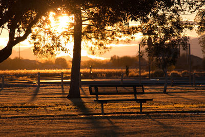 Empty bench in park during sunset