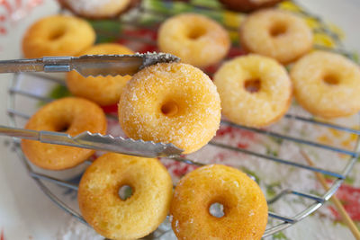 Close-up of donuts on table