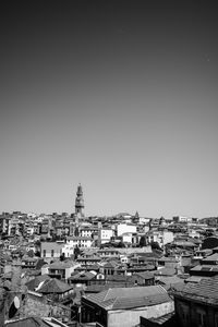 Residential district against clear sky