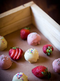 High angle view of dessert on table