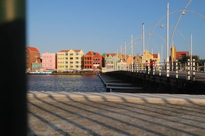 River by buildings against clear sky