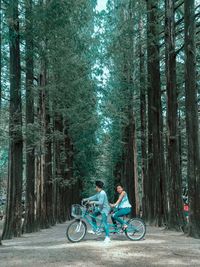 People riding bicycle amidst trees in forest