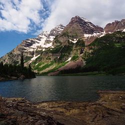 Scenic view of lake by snowcapped mountains against sky