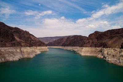 Scenic view of lake and mountains against sky