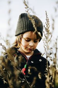 Close-up portrait of girl in winter