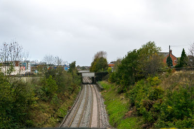 Railroad tracks amidst trees against sky