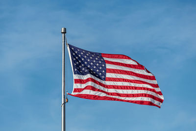 Low angle view of american flag against sky