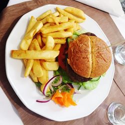 High angle view of food served on table