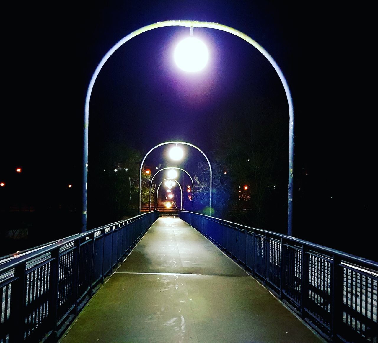 illuminated, night, railing, the way forward, lighting equipment, bridge - man made structure, street light, architecture, outdoors, no people, moon, built structure, sky