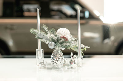 Close-up of christmas decorations on table