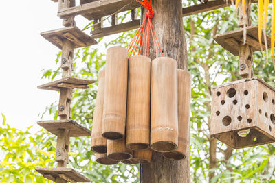 Low angle view of wooden post hanging on tree