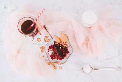 High angle view of breakfast on table