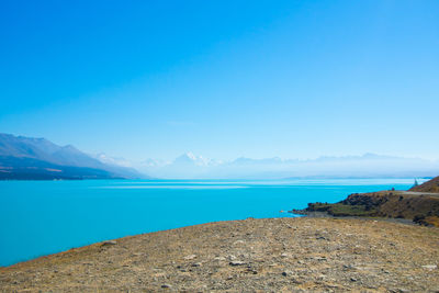 Scenic view of sea against clear blue sky