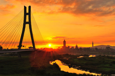 View of suspension bridge against cloudy sky during sunset