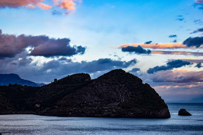 Rock formations in sea against sky during sunset