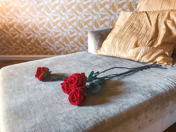 High angle view of wedding rings on table