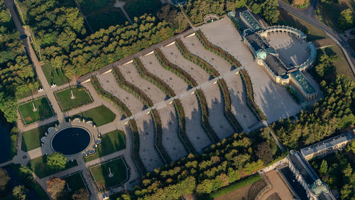 High angle view of agricultural field in city