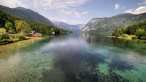Scenic view of lake and mountains against sky