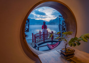 Reflection of plants on glass window against sky