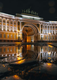 Reflection of illuminated building in water at night