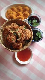 High angle view of breakfast on table