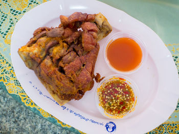 High angle view of food in plate on table