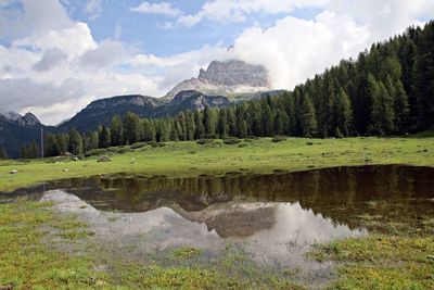 Scenic view of lake and mountains against sky