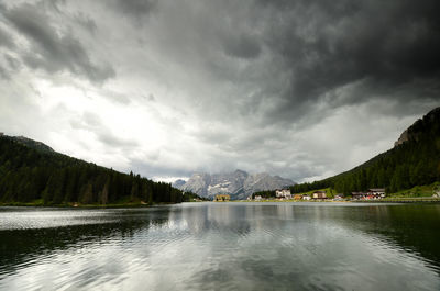 Scenic view of lake against cloudy sky