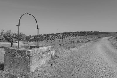 Scenic view of agricultural field against clear sky