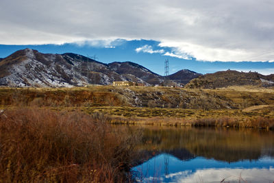 Calm countryside lake against mountain range