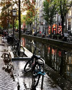 Bicycle on wet sidewalk in city