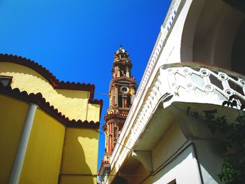 Low angle view of cathedral against clear blue sky